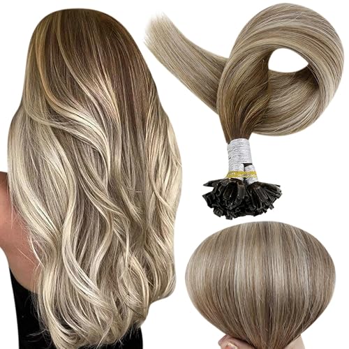 Full Shine U Tip Hair Extensions Real Human Hair 18 Inch Ktip Human Hair Extensions Balayage Color 3 Fading To 8 Ash Brown And 22 Blonde Fusion Extensions 50G/50S Pre Bonded Remy Hair for Wedding