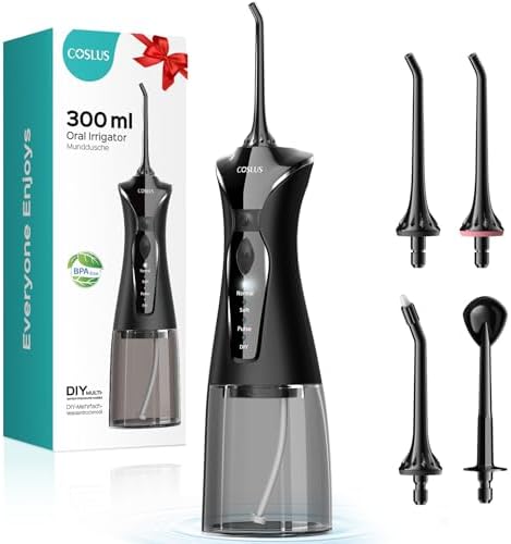 COSLUS Water Dental Flosser Pick for Teeth: 4 Modes Cordless Portable 300ML Larger Tank Water Teeth Cleaner IPX7 Waterproof Flossing Cleaning Picks for Home Travel Black C30(FC5360)