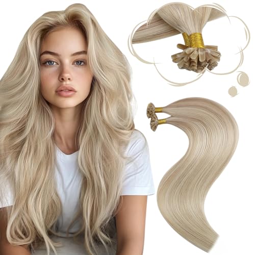 Moresoo U Tip Hair Extensions Human Hair Blonde Keratin Hair Extensions Human Hair 20 inch Highlight Ash Blonde Mixed Bleach Blonde Utip Human Hair Extensions Ash Blonde 50g/50s