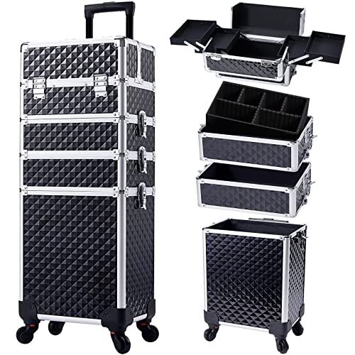 Stagiant Rolling Makeup Case Cosmetology Case on Wheels 4 in 1 Large Cosmetic Organizer Train Case Makeup Travel Case with Key Swivel Wheels Nail Artist Salon Storage Traveling Cart Trunk Black