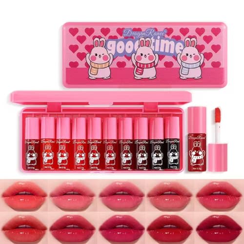Eakroo 10 Colors Lip Tint Stain Set, Korean Lip Gloss Watery Lip Stain Moisturizing Mini Liquid Lipstick Set, Multi-Use Lip and Cheek Tint, Non-Stick Cup, High Pigment, Long-Lasting, Vivid Color