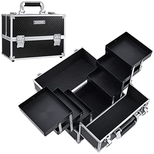 FRENESSA Makeup Train Case Makeup Case 11.8 Inch Large Cosmetic Box Organizer Travel Storage Professional Make Up Train Carrying Case with 6 Trays Locking Hard Vanity Storage Black