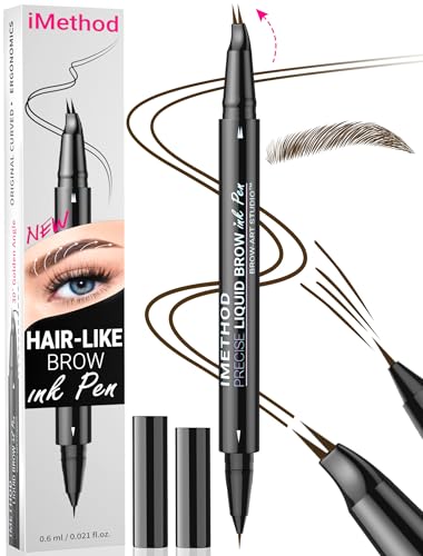iMethod Curved Eyebrow Pen - Eyebrow Pencil, Brow Pencil 2-in-1 Dual-Ended Microblading Eyebrow Pen with Micro-Fork-Tip and Precise Brush-Tip Create Natural Hair-Like Brows, Last All-Day, Dark Brown