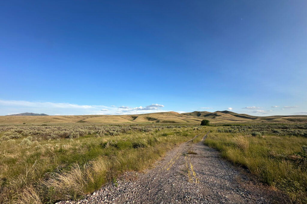 A dirt and gravel road leads through open grassy land toward some hills.